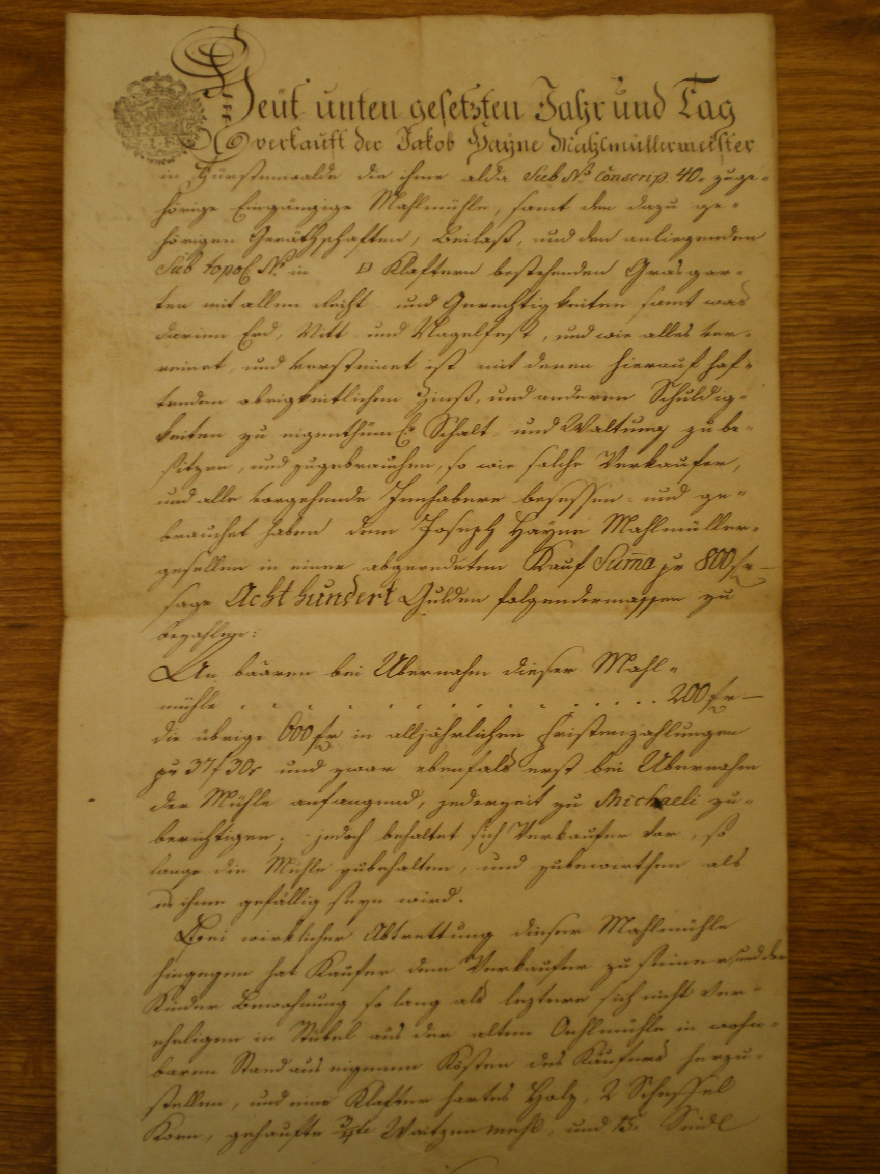 smlouva o prodeji mlýna z otce Jacoba Heyna na syna Josefa Heyne za 800 guldenů
