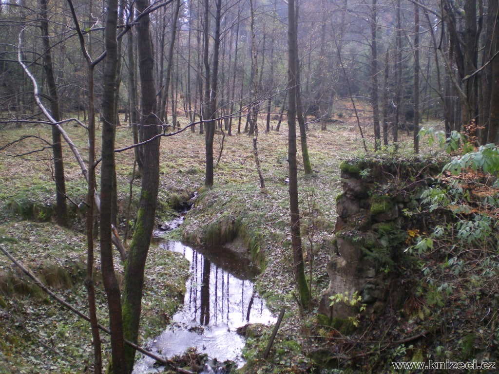 pohled na mlýnský rybník dnes, vpravo vidět zpevněnou část hráze v místě protržení